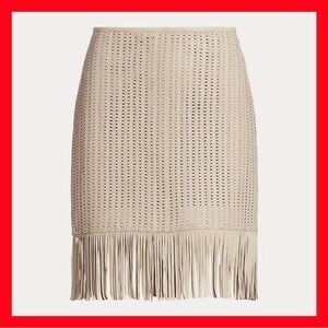 $595 Ralph Lauren Women's Fringe Trim Woven Leather Pencil Skirt Tan Size 6